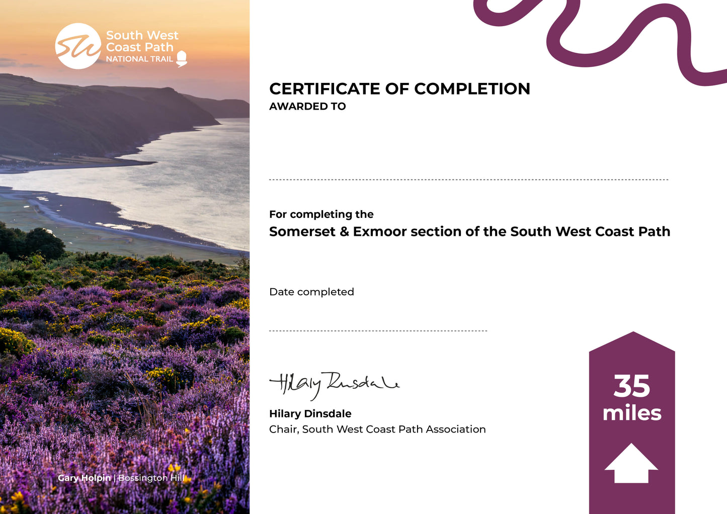 SOMERSET & EXMOOR Completion Certificate